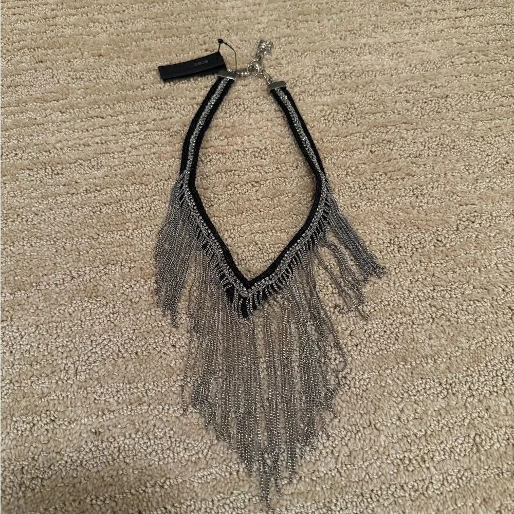 BCBGMaxAzria Black and Silver Fringe Statement Necklace
